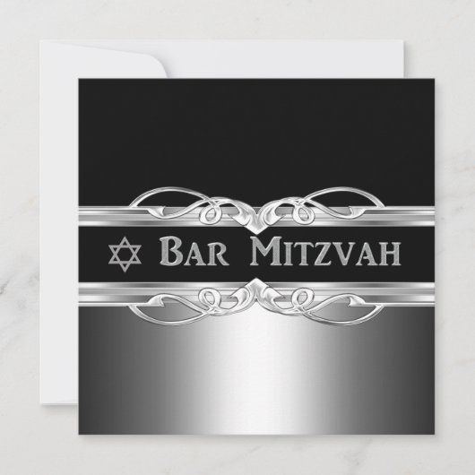 Invitation Bar Mitzvah Black Silver Metal Boy (Devant)
