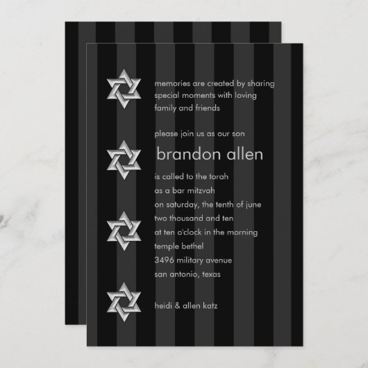 Invitation Bar Mitzvah Black Stripe Silver Star (Devant / Derrière)