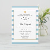 Invitation Bar Mitzvah Bleu Blanc Rayé Or (Debout devant)