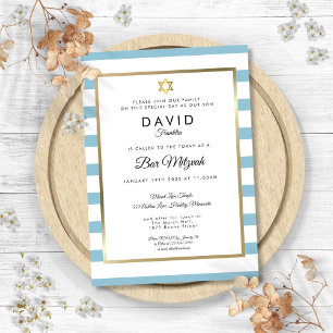 Invitation Bar Mitzvah Bleu Blanc Rayé Or