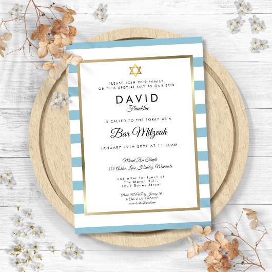Invitation Bar Mitzvah Bleu Blanc Rayé Or
