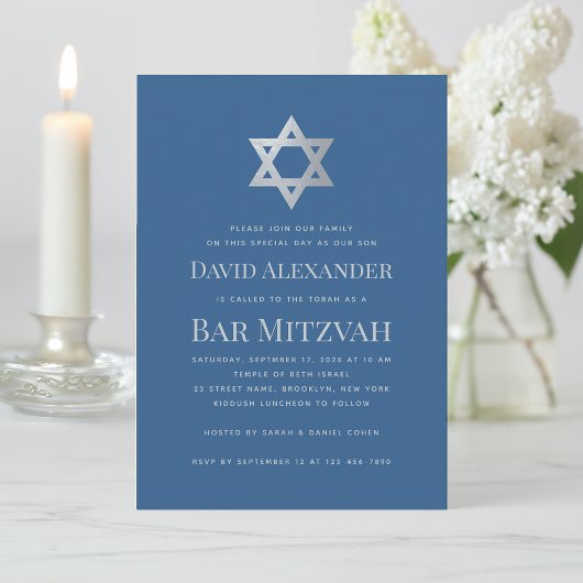 Invitation Bar Mitzvah Bleu Classique Faux Étoile de David en
