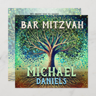 Invitation Bar Mitzvah Bleu et Arbre Vert de la Vie