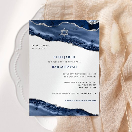 Invitation Bar Mitzvah Bleu et Argent Agate Bordure moderne