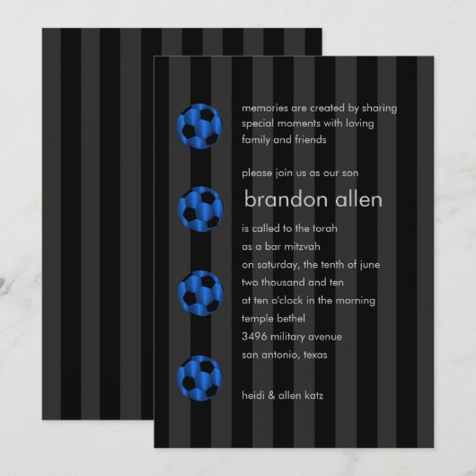 Invitation Bar Mitzvah Bleu et Black Soccer Ball (Devant / Derrière)