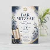 Invitation Bar Mitzvah bleu et or (Debout devant)