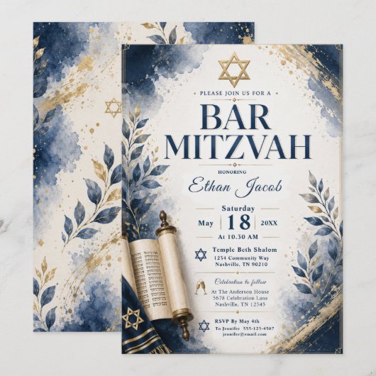 Invitation Bar Mitzvah bleu et or (Devant / Derrière)