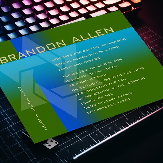 Invitation Bar Mitzvah Bleu et Turquoise sur n'importe quelle