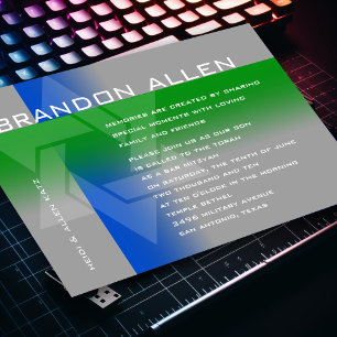 Invitation Bar Mitzvah Bleu et vert sur n'importe quelle coul