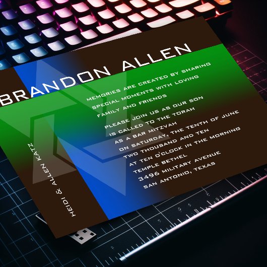 Invitation Bar Mitzvah Bleu et vert sur n'importe quelle coul