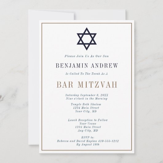Invitation Bar Mitzvah bleu marine or classique  (Devant)