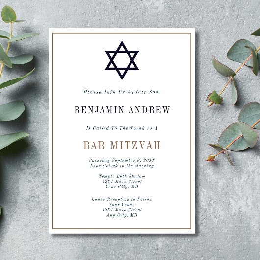 Invitation Bar Mitzvah bleu marine or classique 