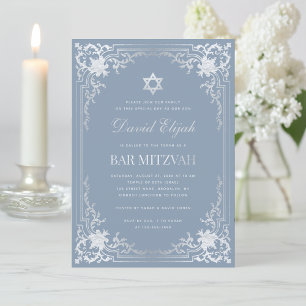 Invitation Bar Mitzvah Bleu Poussiéreux Faux Argent Élégant V