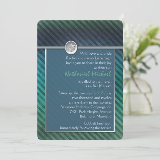 Invitation Bar Mitzvah Bleu, Vert, Argent (Debout devant)