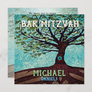 Invitation Bar Mitzvah Blue et Green Tree of Life
