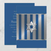 Invitation Bar Mitzvah Blue et Silver Stripe Star de David (Devant / Derrière)