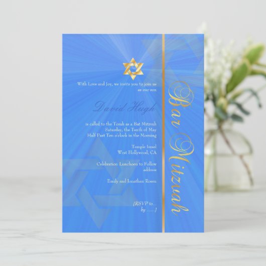Invitation Bar Mitzvah/blue/gold (Debout devant)