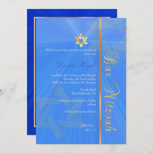 Invitation Bar Mitzvah/blue/gold (Devant / Derrière)