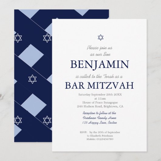 Invitation Bar Mitzvah Blue Motif Star de David Juif (Devant / Derrière)