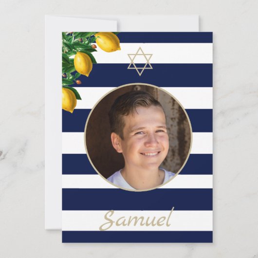 Invitation Bar Mitzvah Blue Stripe Photo moderne Star de Davi (Dos)