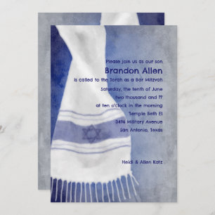 Invitation Bar Mitzvah Blue White Star de David Tallit