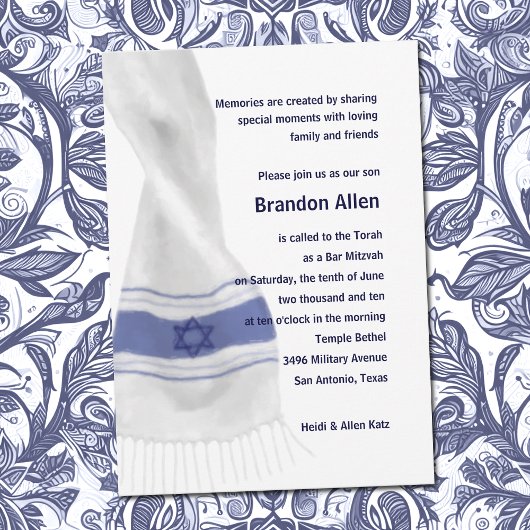 Invitation Bar Mitzvah Blue White Star de David Tallit