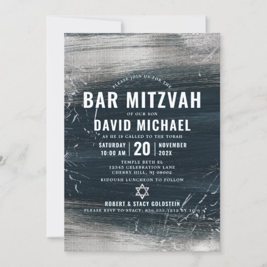Invitation Bar Mitzvah Bold Moderne Argent Foil Gris Charbon (Devant)