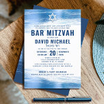 Invitation Bar Mitzvah Bold Moderne Marine Typographie Blue F<br><div class="desc">Soyez fier, réjouissez-vous et présentez cette étape importante de votre Bar Mitzvah préféré ! Envoyer cette invitation cool, unique, moderne, personnalisée pour un événement à retenir. Des traits de brosse métallique bleu clair, ainsi que de la typographie bleu marine audacieuse et de l'étoile de David, recouvrent un simple arrière -...</div>