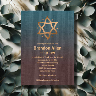 Invitation Bar Mitzvah Brown et Turquoise Cuivre Star
