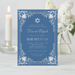 Invitation Bar Mitzvah Classic Blue Faux Silver Star Vintage