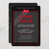 Invitation BAR MITZVAH contrôle de jeu moderne cool noir roug (Devant / Derrière)