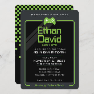 Invitation BAR MITZVAH contrôle gamer moderne noir vert 2