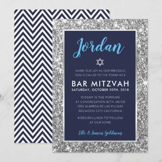 Invitation BAR MITZVAH cool entre marine bleu argent invitati (Devant / Derrière)