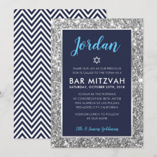 Invitation BAR MITZVAH cool entre marine bleu argent invitati