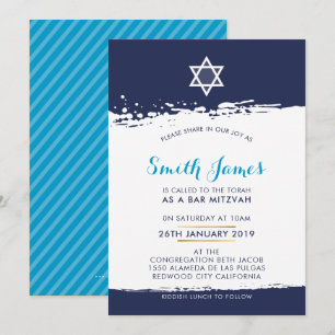 Invitation BAR MITZVAH cool moderne brosse trait bleu