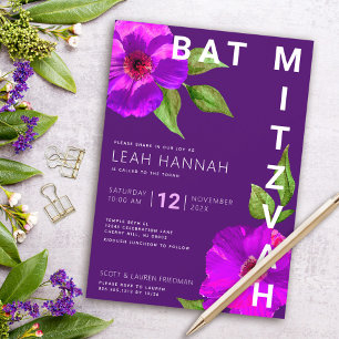 Invitation Bar Mitzvah de chauve-souris violette aquarelle fl