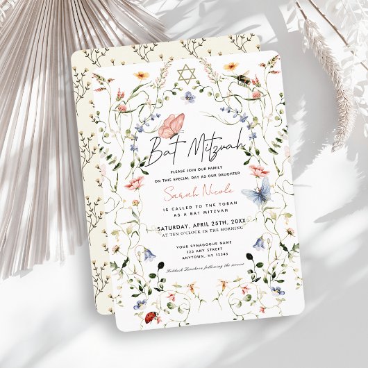 Invitation Bar Mitzvah de la Libellule Abeille Papillon Fleur