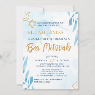 Invitation Bar Mitzvah de l'étoile de David bleu or élégant m