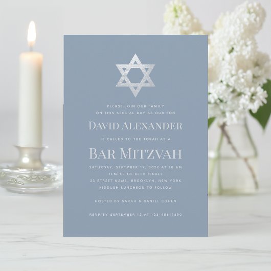 Invitation Bar Mitzvah Dusty Blue Faux Silver Star of David