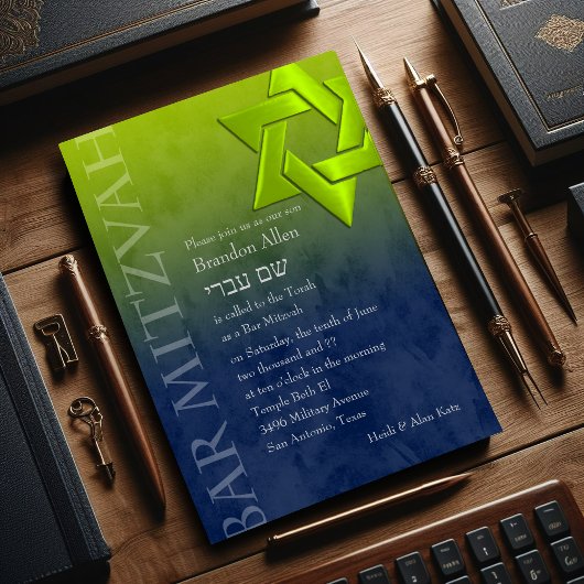 Invitation Bar Mitzvah élégant Lime Green Star de David Ombre