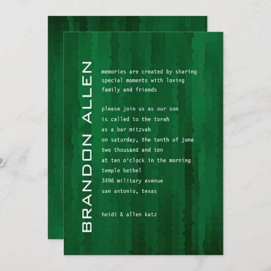 Invitation Bar Mitzvah Emerald Green Techno Streaks (Devant / Derrière)