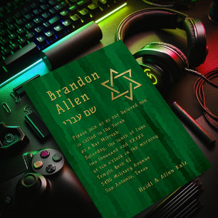 Invitation Bar Mitzvah Emerald Green Techno Streaks