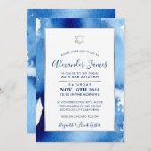 Invitation BAR MITZVAH étoile argent bleu aquarelle invitatio (Devant / Derrière)