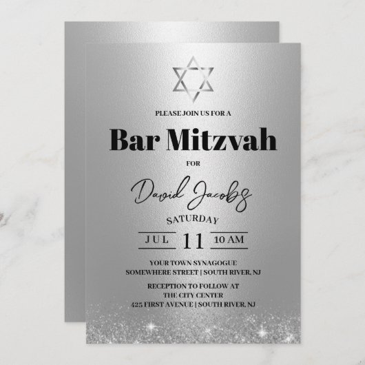 Invitation Bar Mitzvah Étoile de David Juive Moderne en Argen (Devant / Derrière)