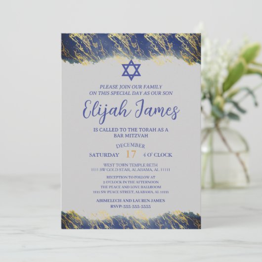 Invitation Bar Mitzvah étoile de David moderne élégant bleu o (Debout devant)