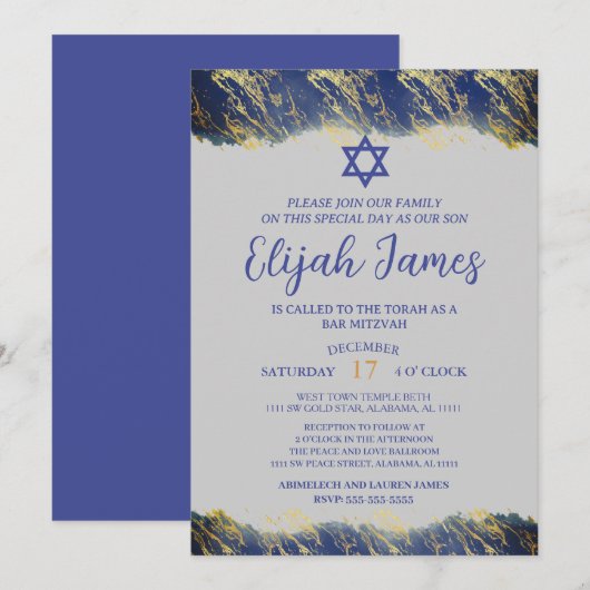 Invitation Bar Mitzvah étoile de David moderne élégant bleu o (Devant / Derrière)