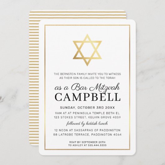 Invitation BAR MITZVAH étoile d'or traditionnel moderne noir (Devant / Derrière)