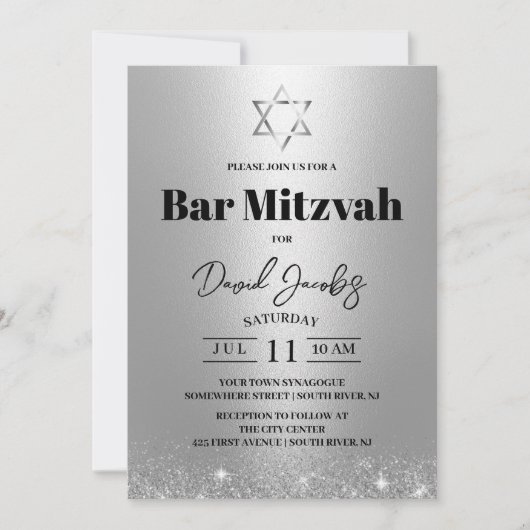 Invitation Bar Mitzvah Étoile juive de David Moderne en Argen (Devant)