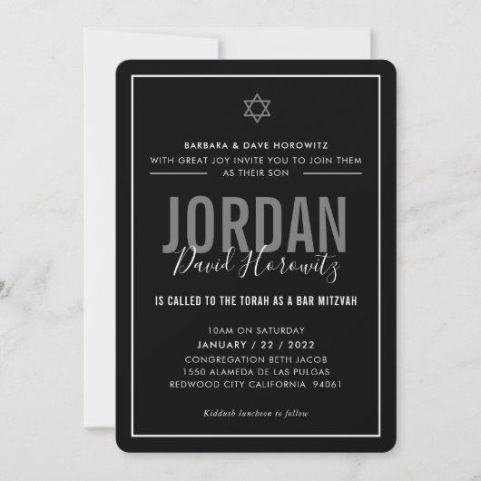 Invitation BAR MITZVAH étoile moderne garçon noir blanc simpl (Devant)