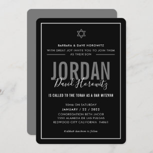Invitation BAR MITZVAH étoile moderne garçon noir blanc simpl